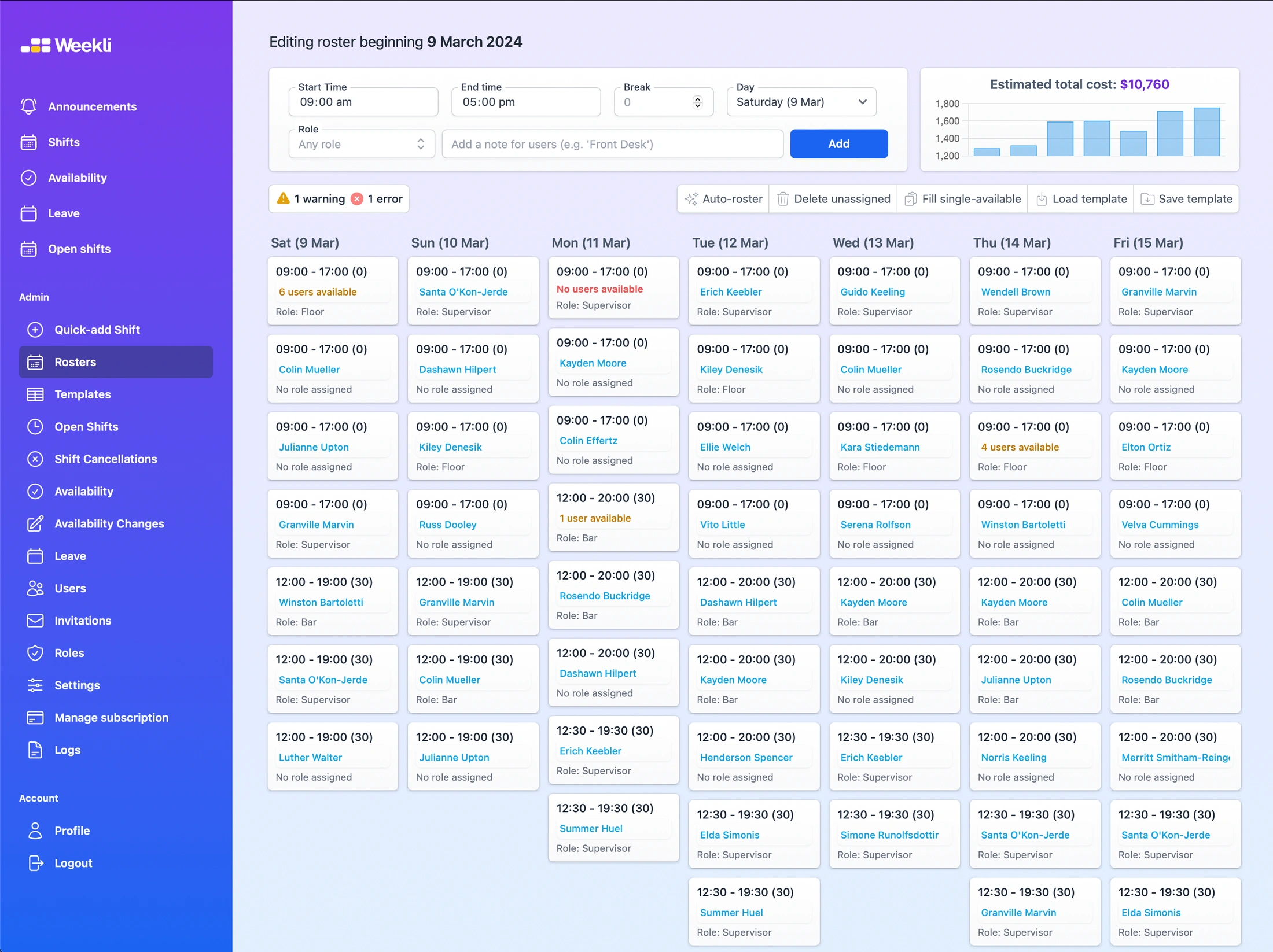 Weekli roster editor showing a week of shifts, availability checks, auto-rostering and estimated costs