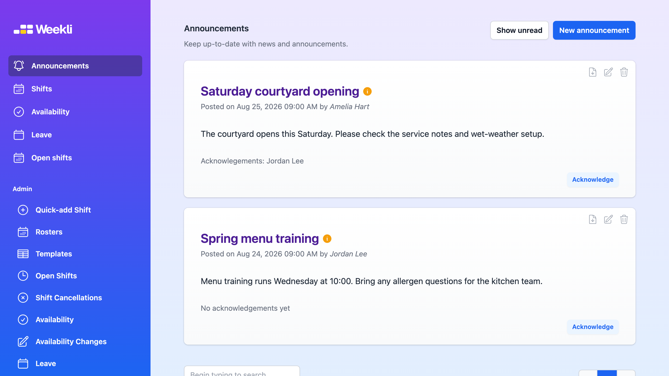 Weekli manager announcements view